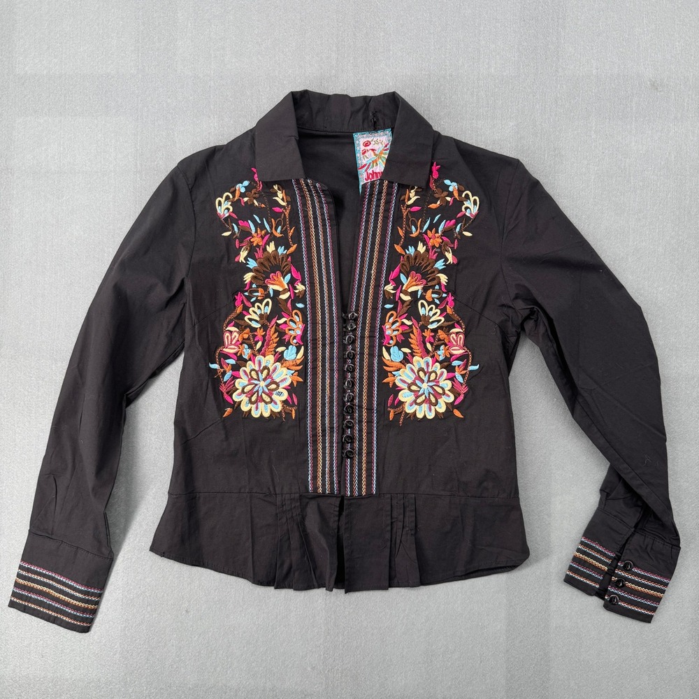 Johnny Was Embroidered Floral Blouse Sz S Black Cotton Boho Peasant Western Top